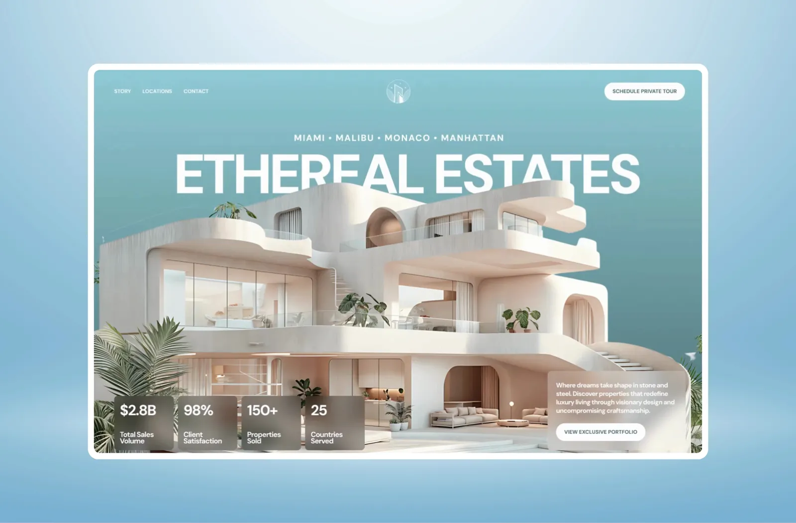 Ethereal Estates landing page design — full-page scroll walkthrough